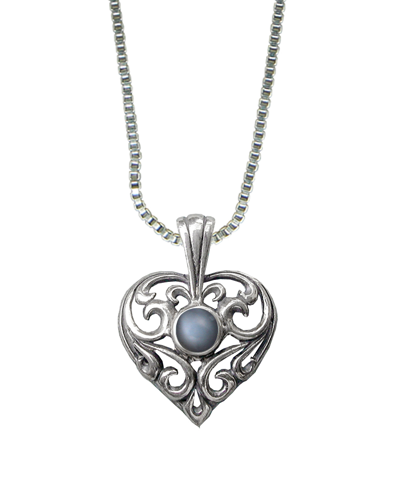 Sterling Silver Exceptional Filigree Heart Pendant With Grey Moonstone